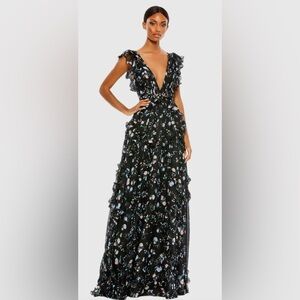 Mac Duggal NWOT Size 16 Leena Black Multicolor Ruffled Floral Print Cap Sleeve